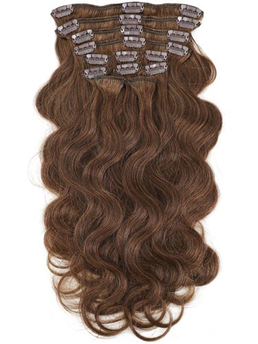 I&K Gold Clip In Body Wave Human Hair Extensions - Full Head #4-Chocolate Brown 22 inch