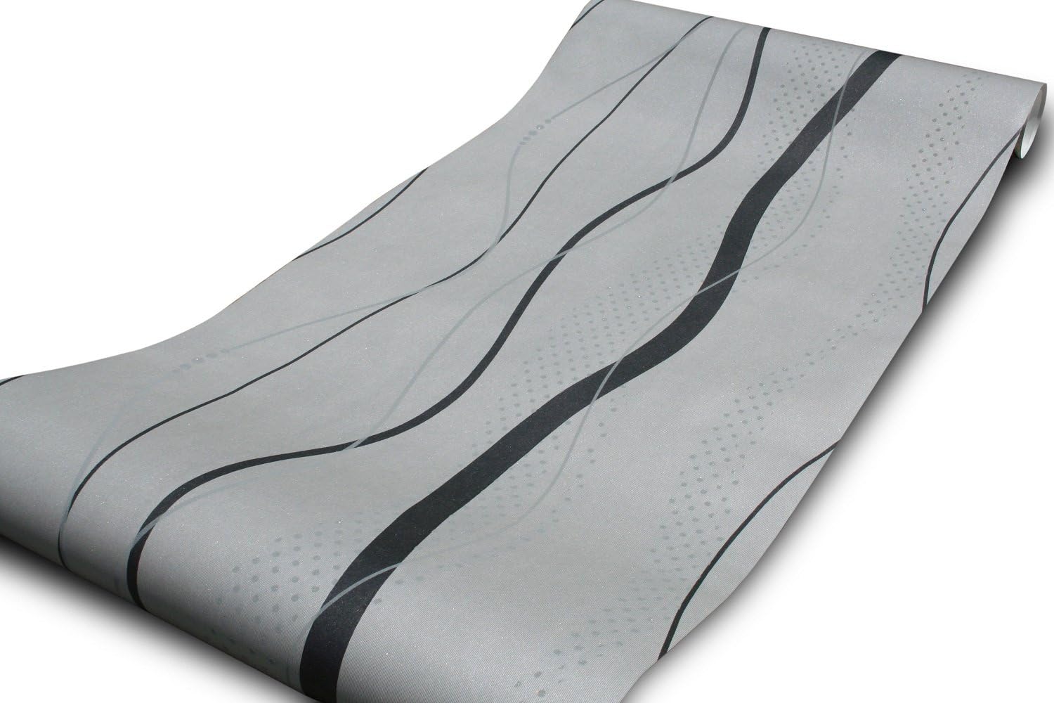 Kamay's 33ft 53cm Wide Mondern Classic Wavy Stripe Minimalist Glitter Metallic Bead Light Black Grey Wave Lines Stripes Pattern Top Grade Breathable 3D Flocking Embossed Microfiber Nonwoven Wallpaper