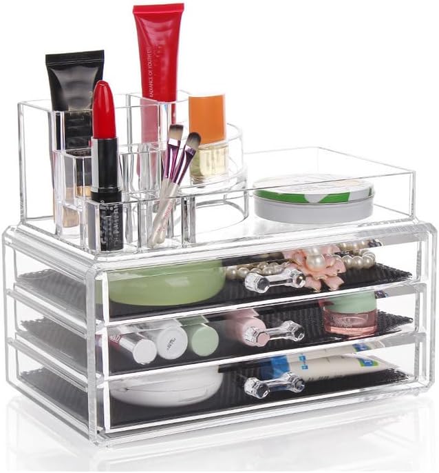 1303 DJUNXYAN Large Transparent Multifunction Detachable Combination Double-Deck Acrylic Make Up Organiser Cosmetic Box Lipstick Makeup Brush Tray Plus 3 drawers