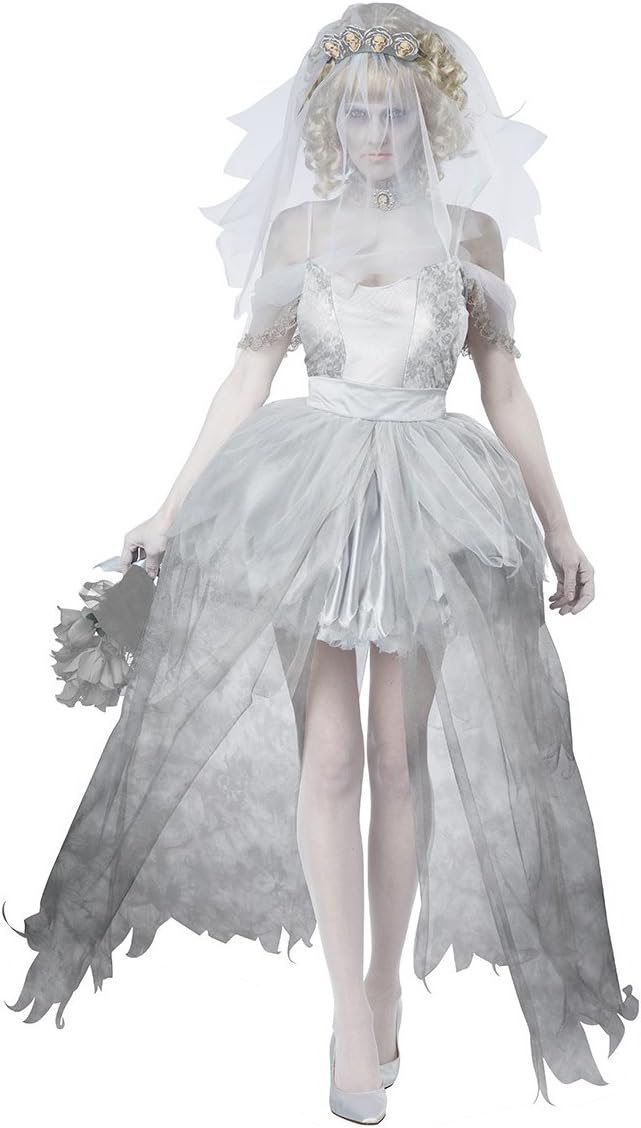 Kamay's Ghost Halloween Zombie Mummy Dead And Buried Bride Costume For Lady White Grey Skirt Includes Headwear Veil And Neckwear Set