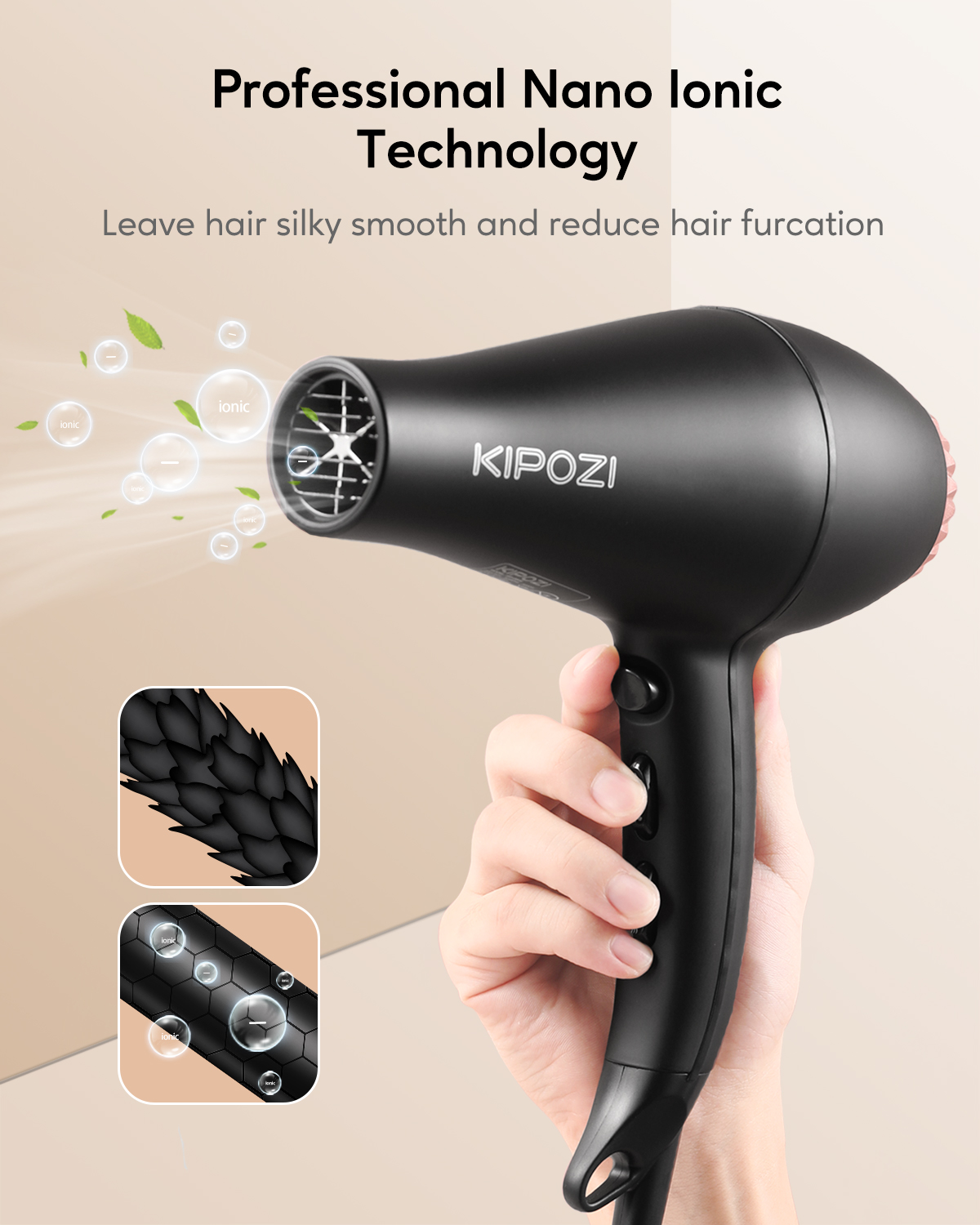 KIPOZI Professional Negative Ionic Hair Dryer - Black