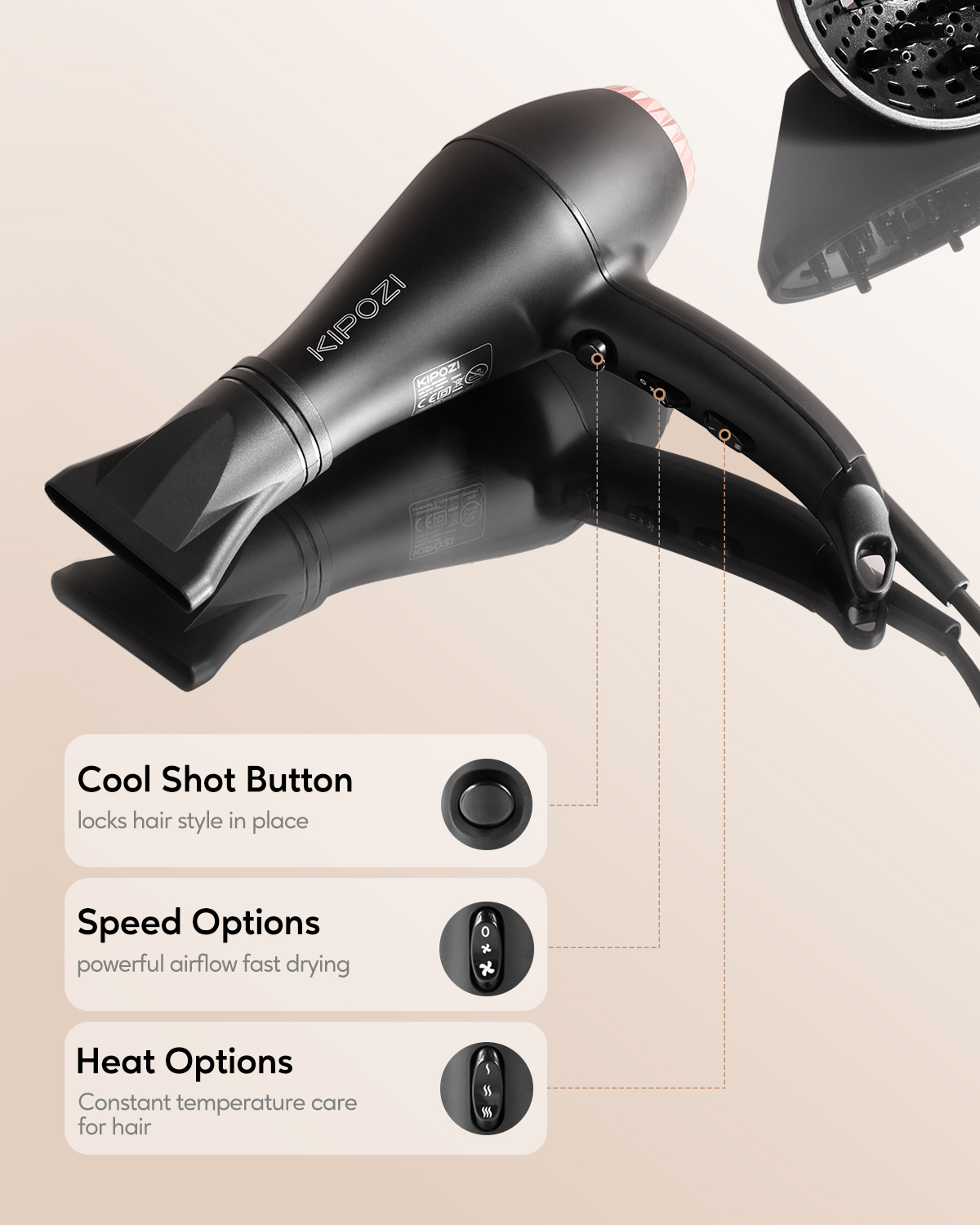 KIPOZI Professional Negative Ionic Hair Dryer - Black