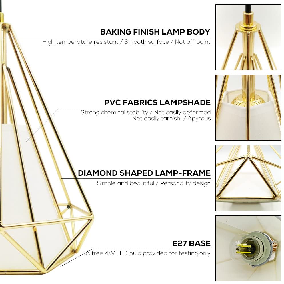 CREATE BRIGHT Retro Style Industrial Loft Metal Chandelier Ceiling Pendant Light - Gold Iron Basket Cage Hanging Lamp