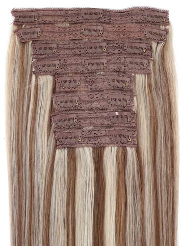Fab Clip In Lace Weft Remy Hair Extensions (140g) #6/613-Medium Brown with Lightest Blonde Highlights 20 inch