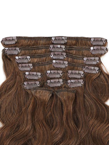 I&K Gold Clip In Body Wave Human Hair Extensions - Full Head #4-Chocolate Brown 22 inch