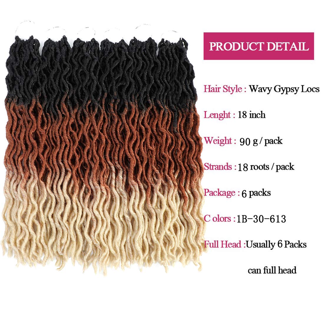 Gypsy Locs Crochet Faux Locs Braiding Hair 6pack 18inch - #T1B/30/613