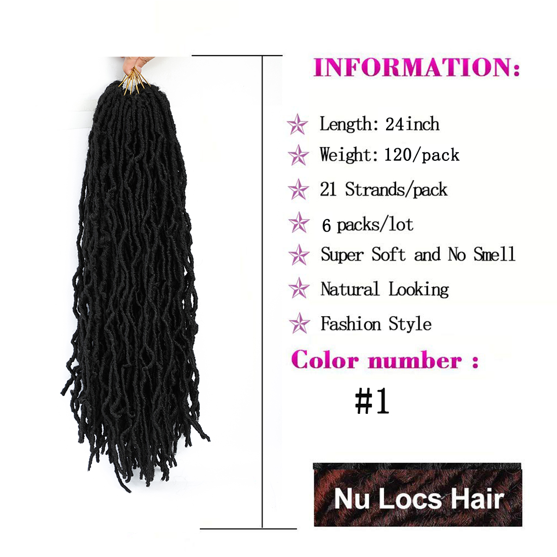 I&K Nu Faux Locs Hair 6 packs 24 Inch - #1B