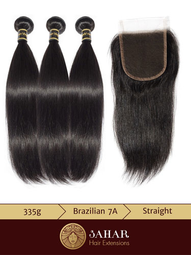 I&K 3 pcs Bundles Virgin Brazilian Hair Extensions - Straight [7A] (300g) + Free Part Lace Top Closure