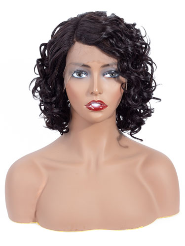 Aisha Short Curly Bob Human Hair Wig with Lace Side Parting #Natural Black