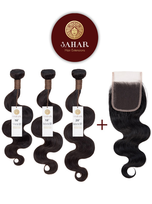 Sahar Unprocessed Brazilian Virgin Weft Hair Extensions Bundle (10A) - #Natural Black Body Wave