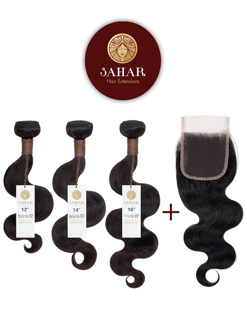 Sahar Unprocessed Brazilian Virgin Weft Hair Extensions Bundle (10A) - #Natural Black Body Wave 12"+14"+16" Closure 4x4" 10"