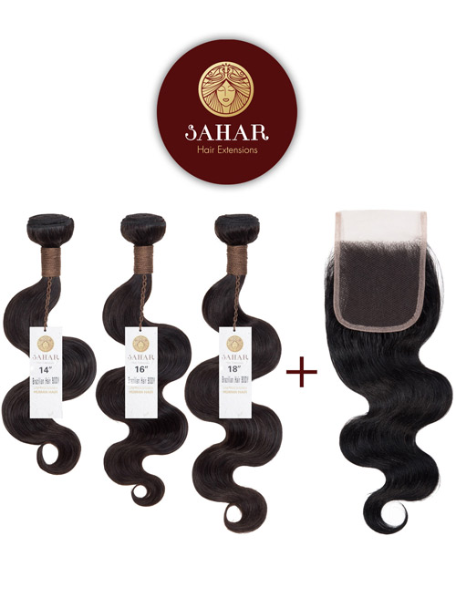 Sahar Unprocessed Brazilian Virgin Weft Hair Extensions Bundle (10A) - #Natural Black Body Wave 14"+16"+18" Closure 4x4" 10"