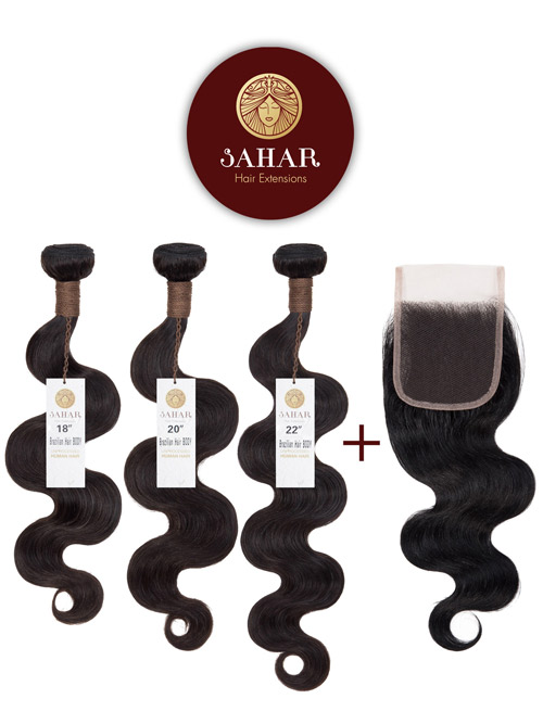 Sahar Unprocessed Brazilian Virgin Weft Hair Extensions Bundle (10A) - #Natural Black Body Wave 18"+20"+22" Closure 4x4" 12"