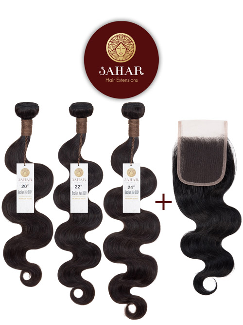 Sahar Unprocessed Brazilian Virgin Weft Hair Extensions Bundle (10A) - #Natural Black Body Wave 20"+22"+24" Closure 4x4" 14"