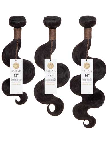 Sahar Unprocessed Brazilian Virgin Weft Hair Extensions Bundle (10A) - #Natural Black Body Wave 12"+14"+16" No Closure Part