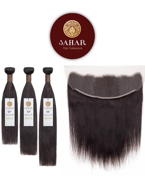 Sahar Unprocessed Brazilian Virgin Weft Hair Extensions Bundle (10A) - #Natural Black Straight 12"+14"+16" Frontal 4X13" 10"