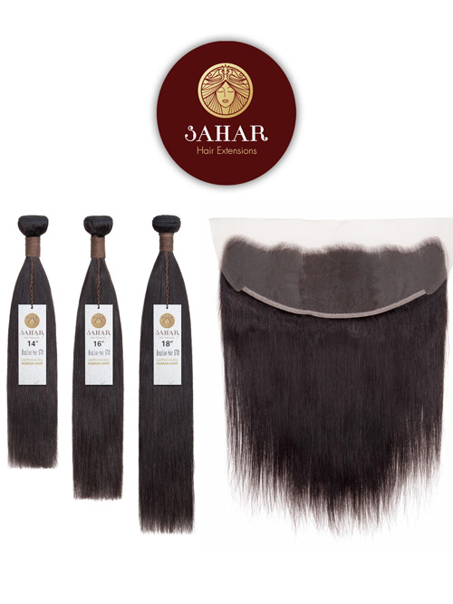 Sahar Unprocessed Brazilian Virgin Weft Hair Extensions Bundle (10A) - #Natural Black Straight 14"+16"+18" Frontal 4X13" 10"