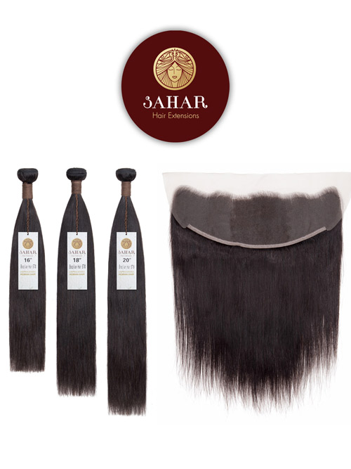 Sahar Unprocessed Brazilian Virgin Weft Hair Extensions Bundle (10A) - #Natural Black Straight 16"+18"+20" Frontal 4X13" 12"