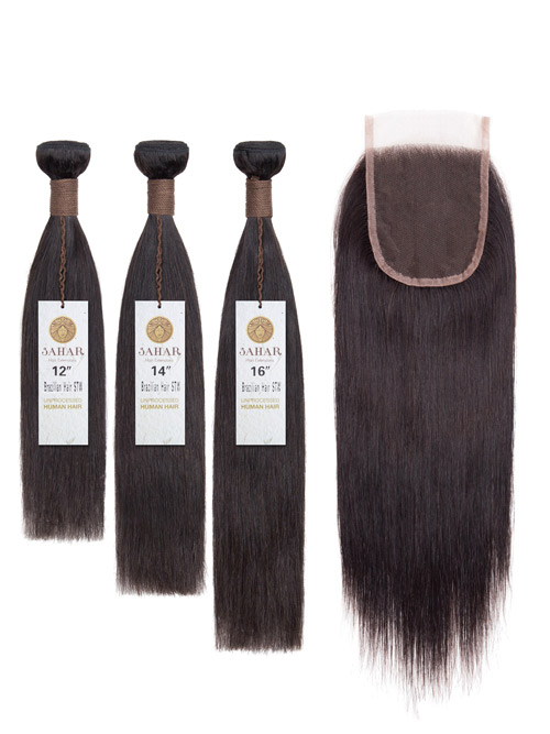 Sahar Unprocessed Brazilian Virgin Weft Hair Extensions Bundle (10A) - #Natural Black Straight 12"+14"+16" Closure 4x4" 10"