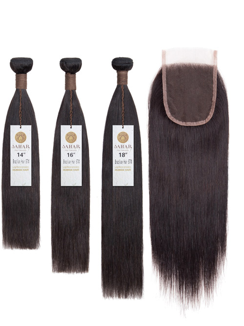 Sahar Unprocessed Brazilian Virgin Weft Hair Extensions Bundle (10A) - #Natural Black Straight 14"+16"+18" Closure 4x4" 10"