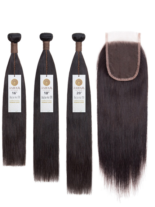 Sahar Unprocessed Brazilian Virgin Weft Hair Extensions Bundle (10A) - #Natural Black Straight 16"+18"+20" Closure 4x4" 12"