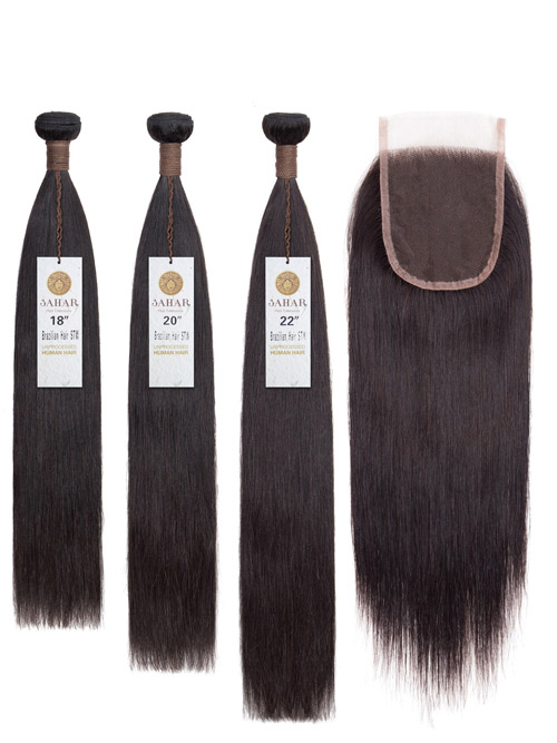 Sahar Unprocessed Brazilian Virgin Weft Hair Extensions Bundle (10A) - #Natural Black Straight 18"+20"+22" Closure 4x4" 12"
