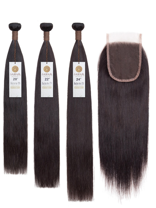 Sahar Unprocessed Brazilian Virgin Weft Hair Extensions Bundle (10A) - #Natural Black Straight 20"+22"+24" Closure 4x4" 14"
