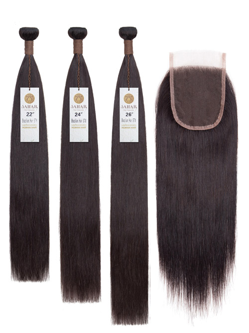 Sahar Unprocessed Brazilian Virgin Weft Hair Extensions Bundle (10A) - #Natural Black Straight 24"+26"+28" Closure 4x4" 14"
