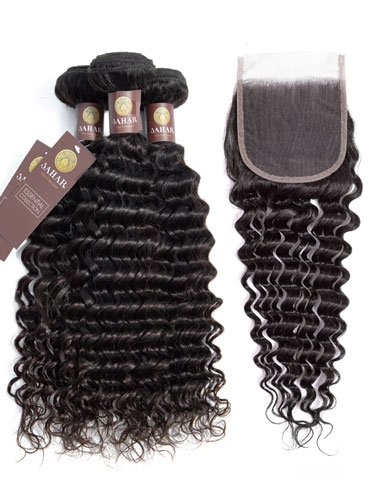 Sahar Essential Virgin Remy Human Hair Extensions Bundle (8A) - #Natural Black Deep Wave