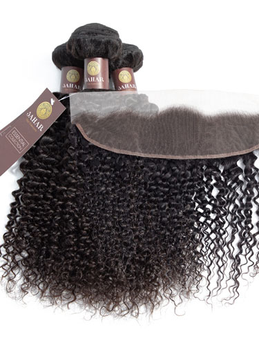 Sahar Essential Virgin Remy Human Hair Extensions Bundle (8A) - #Natural Black Jerry Curl 12"+14"+16" Frontal 4X13" 10"