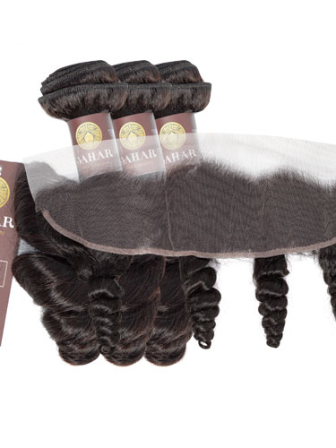 Sahar Essential Virgin Remy Human Hair Extensions Bundle (8A) - #Natural Black Loose Wave 16"+16"+16" Frontal 4X13" 16"