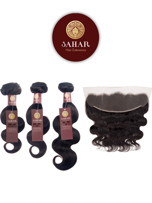 Sahar Essential Virgin Remy Human Hair Extensions Bundle (8A) - #Natural Black Body Wave 12"+14"+16" Frontal 4X13" 14"