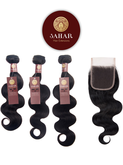Sahar Essential Virgin Remy Human Hair Extensions Bundle (8A) - #Natural Black Body Wave 16"+18"+20" Closure 4x4" 12"