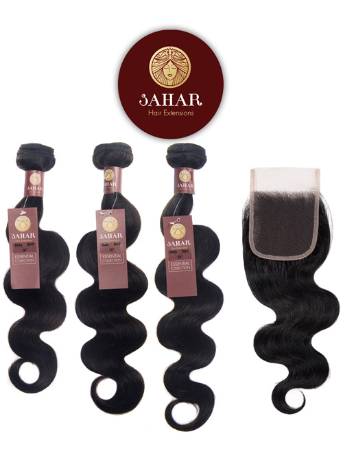 Sahar Essential Virgin Remy Human Hair Extensions Bundle (8A) - #Natural Black Body Wave 18"+20"+22" Closure 4x4" 12"