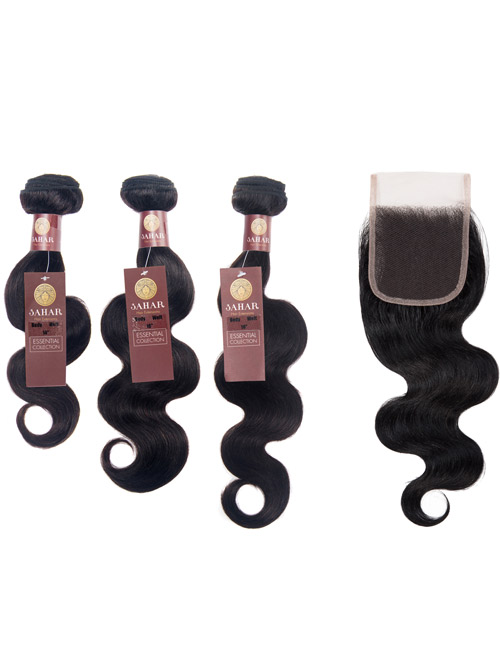 Sahar Essential Virgin Remy Human Hair Extensions Bundle (8A) - #Natural Black Body Wave 20"+22"+24" Closure 4x4" 14"