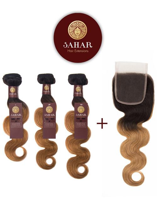 Sahar Essential Virgin Remy Human Hair Extensions Bundle (8A) - #OT27 Body Wave 14"+16"+18" Closure 4x4" 10"