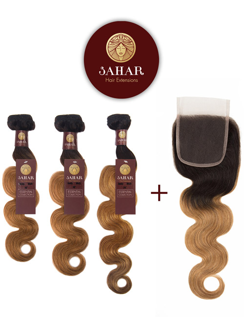 Sahar Essential Virgin Remy Human Hair Extensions Bundle (8A) - #OT27 Body Wave 16"+18"+20" Closure 4x4" 14"