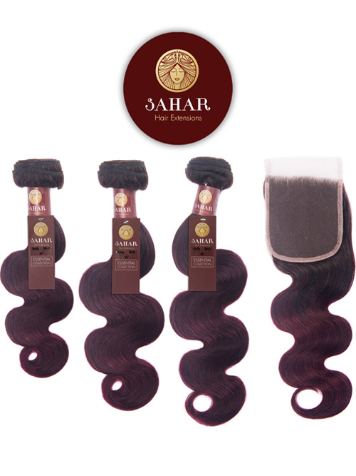 Sahar Essential Virgin Remy Human Hair Extensions Bundle (8A) - #OT99J Body Wave 16"+18"+20" Closure 4x4" 14"