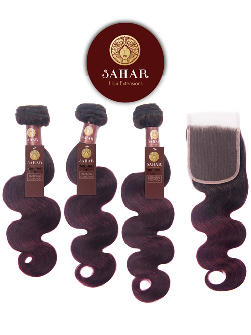 Sahar Essential Virgin Remy Human Hair Extensions Bundle (8A) - #OT99J Body Wave 16"+18"+20" Closure 4x4" 14"