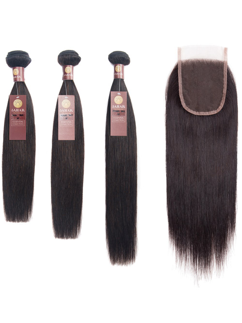 Sahar Essential Virgin Remy Human Hair Extensions Bundle (8A) - #Natural Black Straight 16"+18"+20" Closure 4x4" 16"