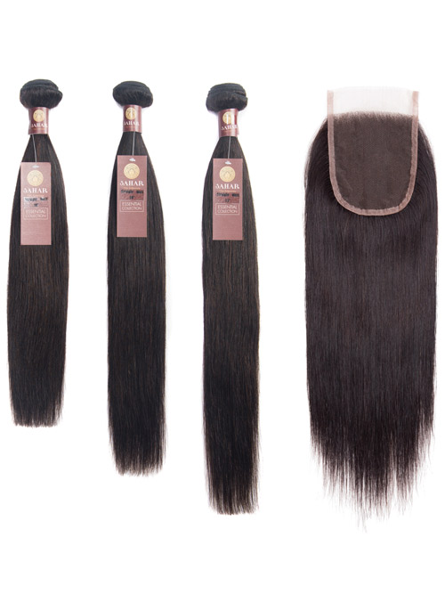 Sahar Essential Virgin Remy Human Hair Extensions Bundle (8A) - #Natural Black Straight 18"+20"+22" Closure 4x4" 12"