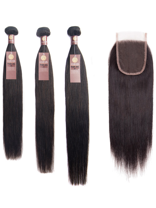 Sahar Essential Virgin Remy Human Hair Extensions Bundle (8A) - #Natural Black Straight 20"+22"+24" Closure 4x4" 14"
