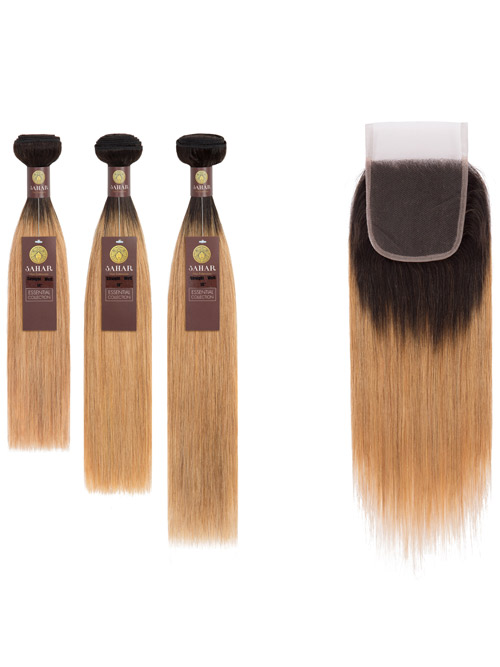 Sahar Essential Virgin Remy Human Hair Extensions Bundle (8A) - #OT27 Straight 16"+18"+20" Closure 4x4" 18"