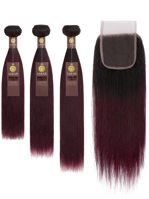 Sahar Essential Virgin Remy Human Hair Extensions Bundle (8A) - #OT99J Straight 12"+14"+16" Closure 4x4" 12"