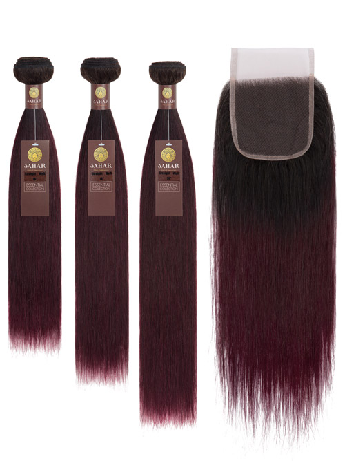 Sahar Essential Virgin Remy Human Hair Extensions Bundle (8A) - #OT99J Straight 16"+18"+20" Closure 4x4" 14"