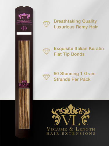 VLII Pre Bonded Flat Tip Remy Hair Extensions #4/14-Chocolate Brown with Caramel Highlights 18 inch
