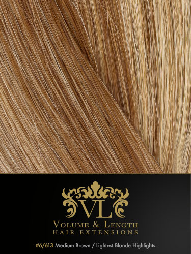 VLII Remy Weft Human Hair Extensions #6/613-Medium Brown with Lightest Blonde Highlights 18 inch 50g